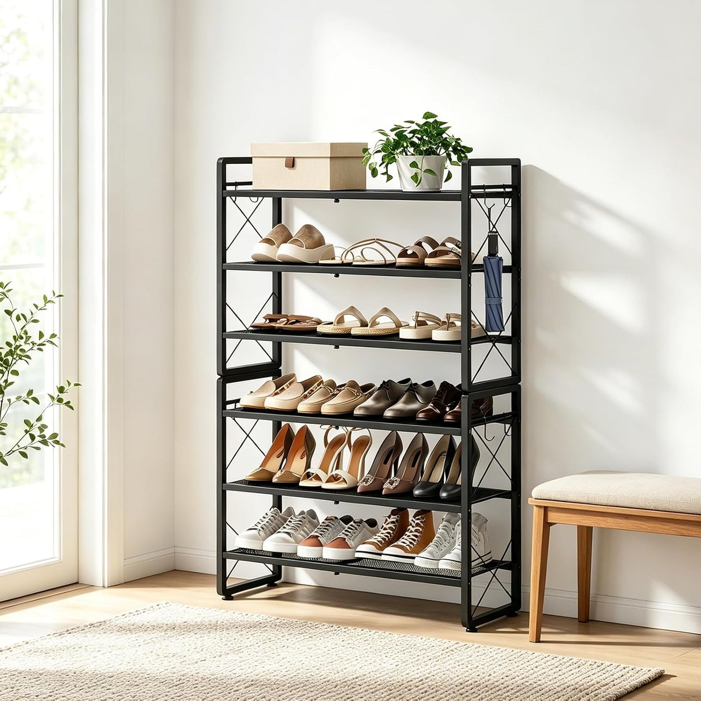 ELYKEN Shoe Rack, 2-Tier Expandable Shoe Organizer for Closet, Metal Black Shoe Shelf with 4 Hooks, Adjustable Shoe Stand Holder for Entryway, Garage, Door Entrance