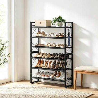 ELYKEN Shoe Rack, 2-Tier Expandable Shoe Organizer for Closet, Metal Black Shoe Shelf with 4 Hooks, Adjustable Shoe Stand Holder for Entryway, Garage, Door Entrance