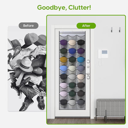 Baseball Hat Rack, 24 Pocket Over-The-Door Hat Organizer with Clear Deep Pockets to Display Baseball Caps Collection, Complete with 3 Over Door Hooks (Black, 24 Pockets)