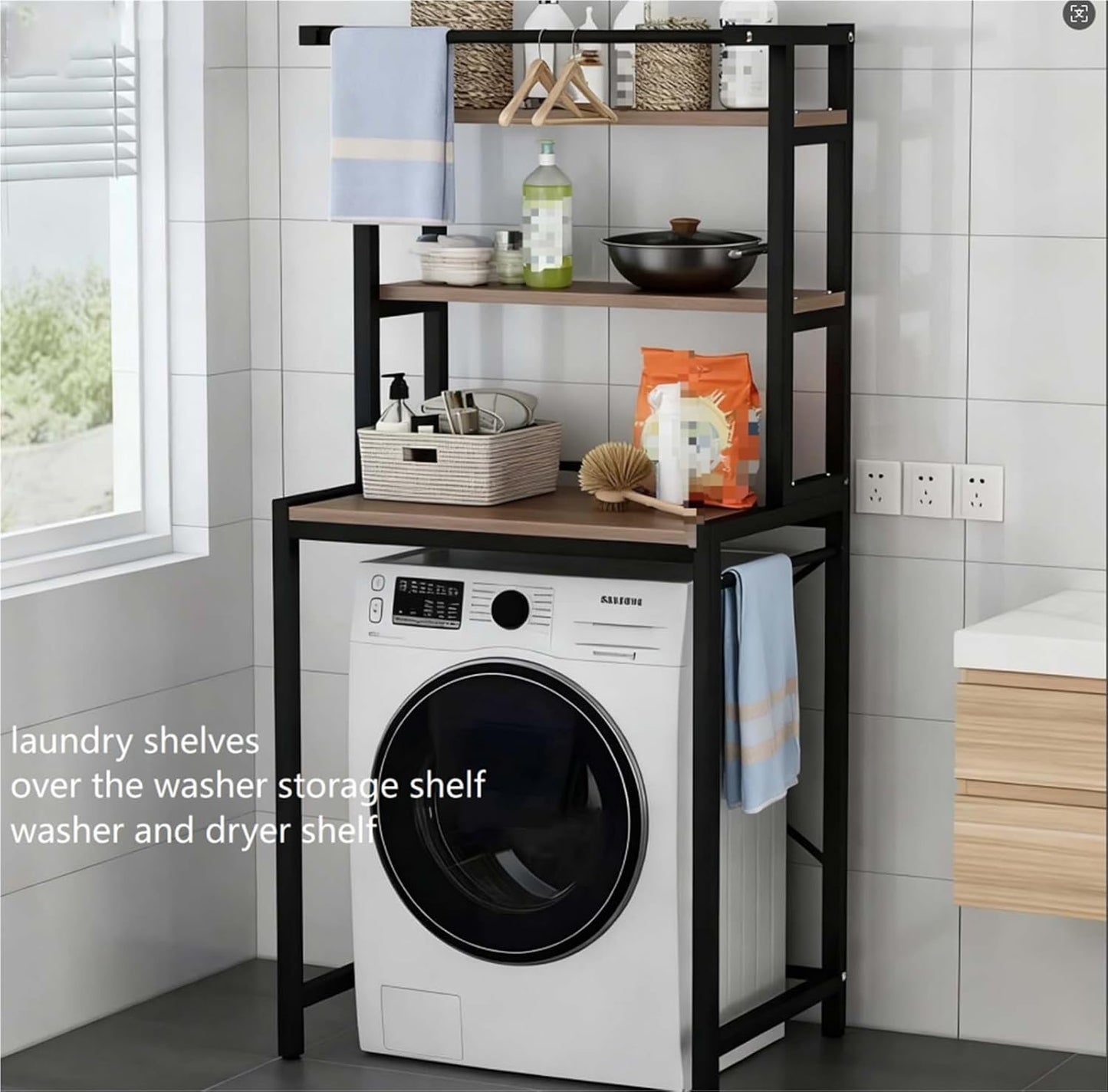 Over The Washer Storage Shelf, Space-Saving Laundry Organizer, Sturdy Metal Frame with Natural Wood Shelves, No Drilling, Ideal for Laundry Room, Bathroom, Balcony(White,3-T)