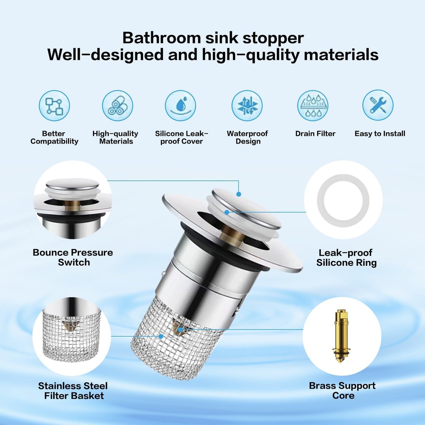 Bathroom Sink Drain Strainer, Pop Up Sink Drain Strainer with Removable Stainless Steel Filter Basket Hair Catcher, Sink Drain Plug for Bathroom Sink Stopper Replacement (Silver)
