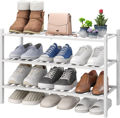 viewcare 3-Tier Black Bamboo Shoe Rack for Entryway, Stackable | Foldable | Natural, Shoe Shelf Storage Organizer for Hallway Closet, Free Standing Shoe Racks for Indoor Outdoor