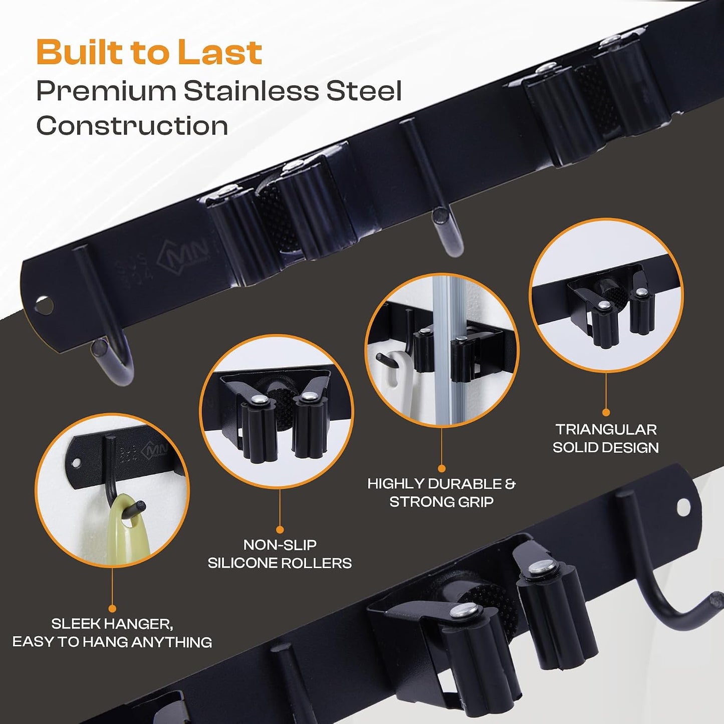 Heavy-Duty Stainless-Steel Broom Holder Wall Mount with 3 Racks and 4 Hooks | Waterproof Mop and Broom Hanger | Adjustable, Garage & Garden Tool Organizer | Black