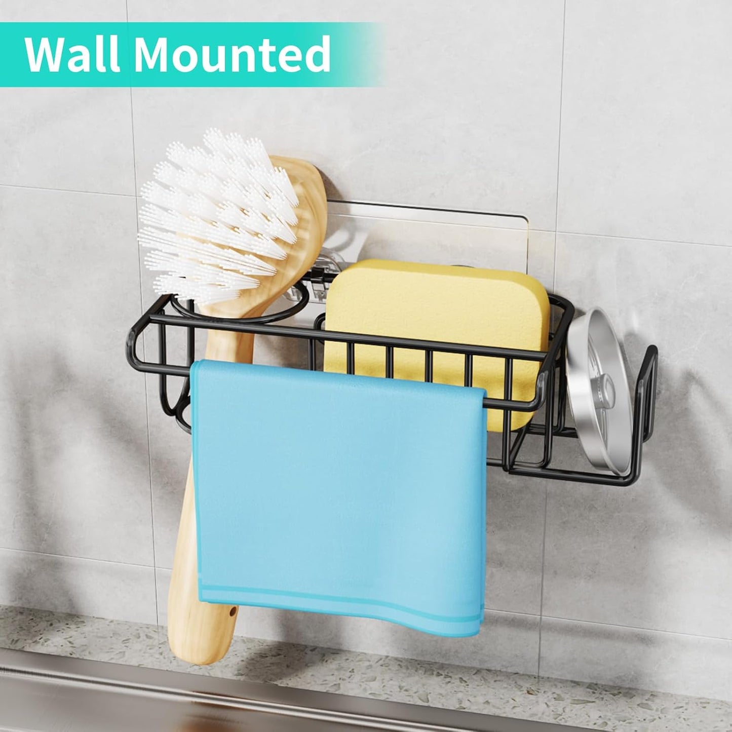 HapiRm 4 in 1 Sink Caddy Sponge Holder, SUS304 Stainless Steel Kitchen Brush Holder and Dish Cloth Hanger, Kitchen Organizers and Storage Essentials - Silver