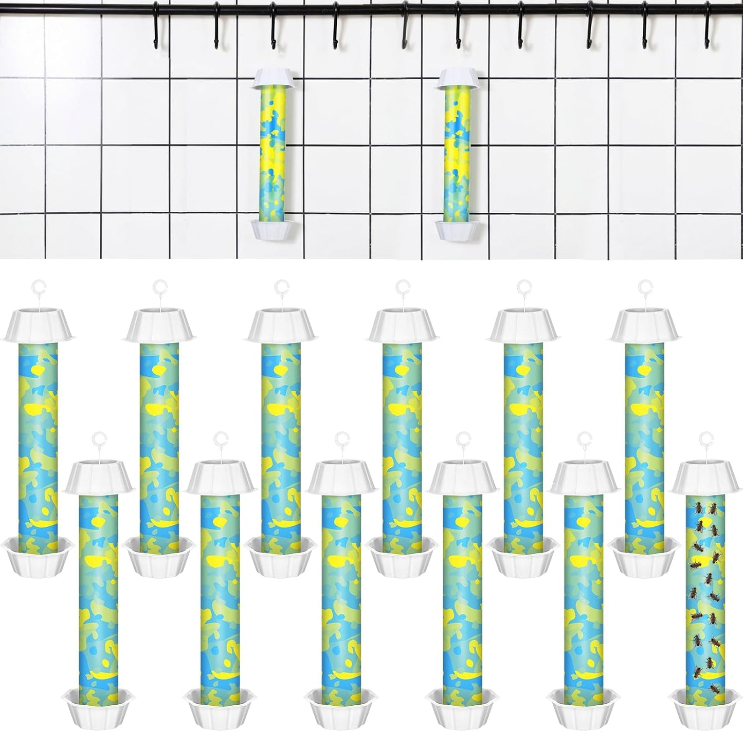 Qualirey 12 Pcs Sticky Fly Trap Fly Stick with Hanging Hook Adhesive Mosquito Catcher for Indoor Outdoor Trap Houseflies and Flying Insects Bee Wasp Moth Fly, 10.2 x 2.5 Inch