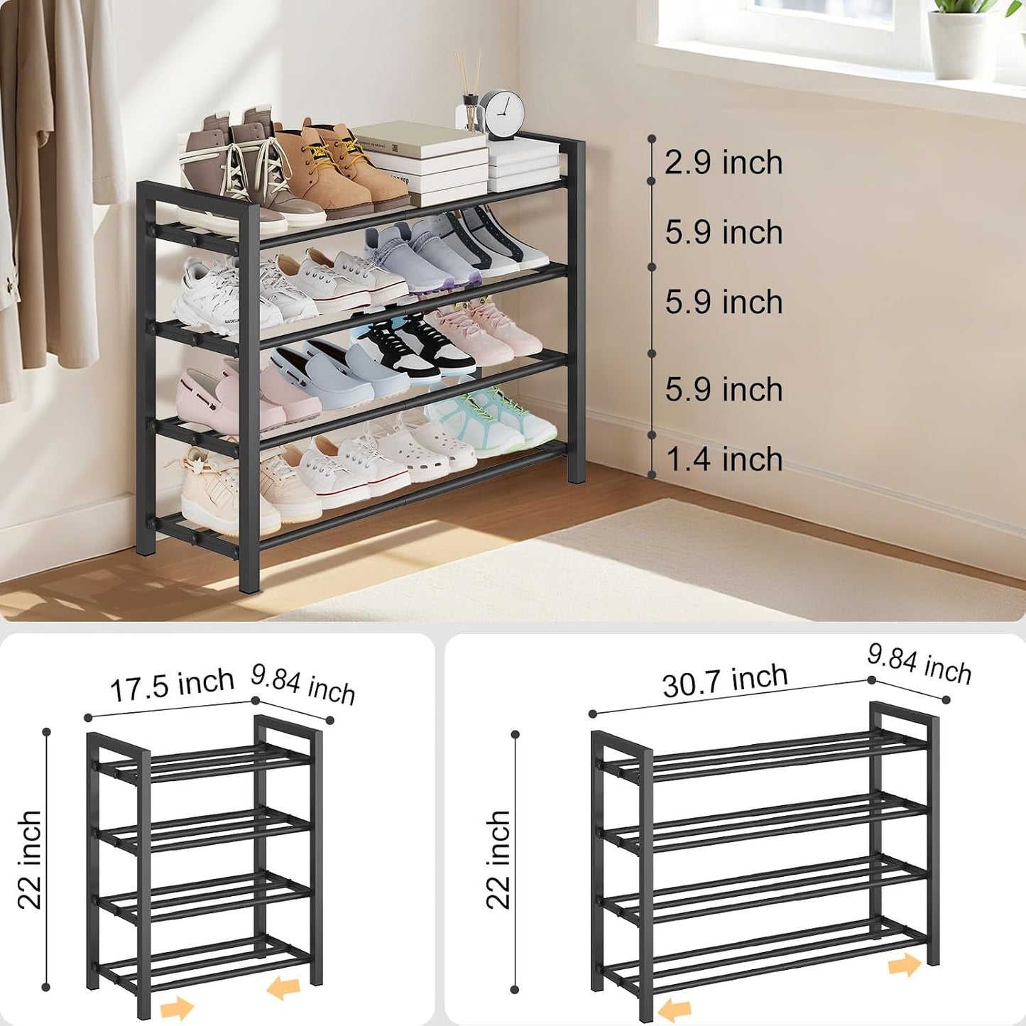 Detsuk 4-Tier Expandable Shoe Rack – Adjustable Metal Shoe Organizer for Closet, Entryway & Mudroom – Stackable, Heavy-Duty Storage, Black