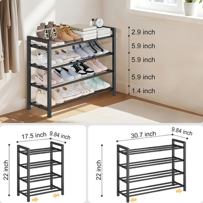 Detsuk 4-Tier Expandable Shoe Rack – Adjustable Metal Shoe Organizer for Closet, Entryway & Mudroom – Stackable, Heavy-Duty Storage, Black