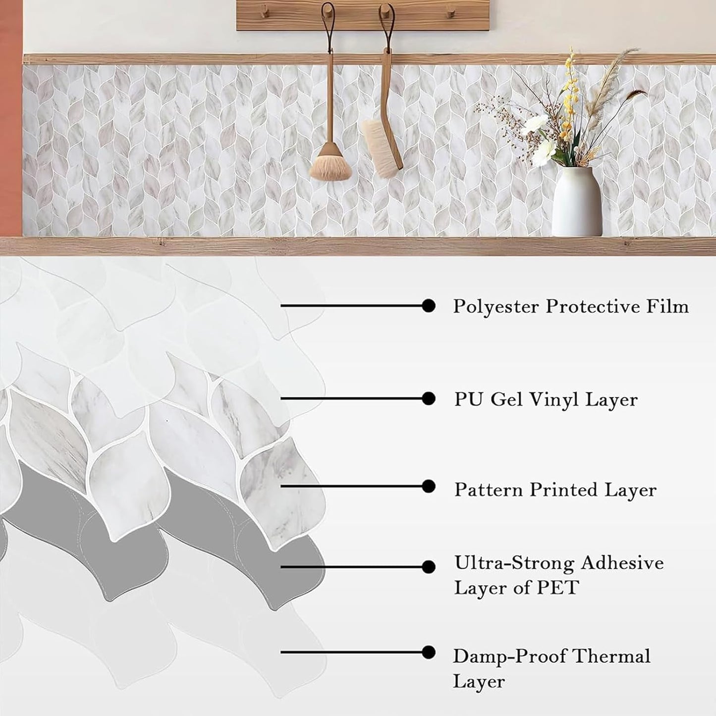 Tilingview 10 Pcs Vinyl Leaf Peel and Stick Tile for Kitchen Backsplash, Premium Self-Adhesive Tiles Plastic Wall Stickers Art Mosaics (Blue Gray)