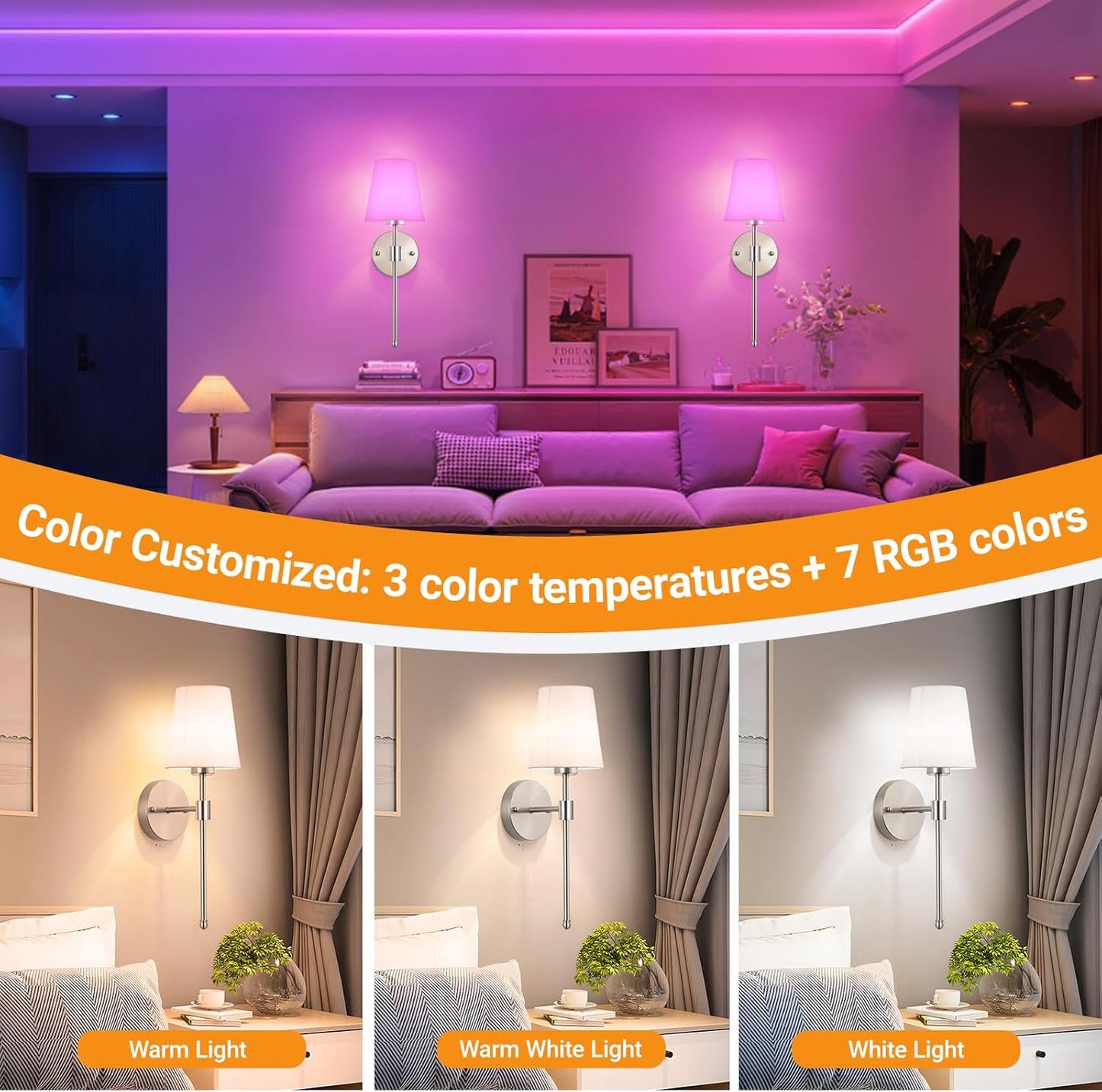 Nekhung Battery Operated Wall Sconces Set of Two, Wireless Battery Wall Light with 10000mAh RGB Dimmable Magnetic Bulb and Remote, Rechargeable Sconce Wall Decor for Bedroom Living Room Hallway