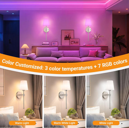 Nekhung Battery Operated Wall Sconces Set of Two, Wireless Battery Wall Light with 10000mAh RGB Dimmable Magnetic Bulb and Remote, Rechargeable Sconce Wall Decor for Bedroom Living Room Hallway