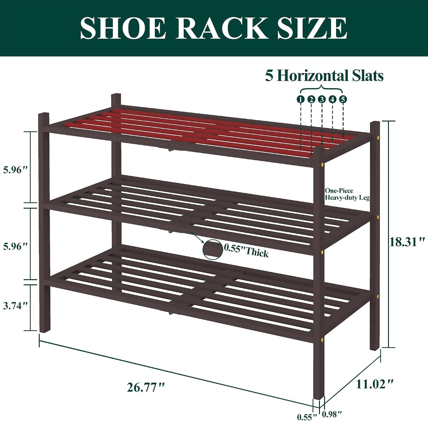 Smiry Bamboo Shoe Rack, 3 Tier Free Standing Wooden Shoe Organizer, Stackable Wood Shoe Storage Shelf for Closet, Entryway, 5 Horizontal Slats, 26.8"x11"x18.3", Natural