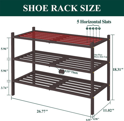 Smiry Bamboo Shoe Rack, 3 Tier Free Standing Wooden Shoe Organizer, Stackable Wood Shoe Storage Shelf for Closet, Entryway, 5 Horizontal Slats, 26.8"x11"x18.3", Natural