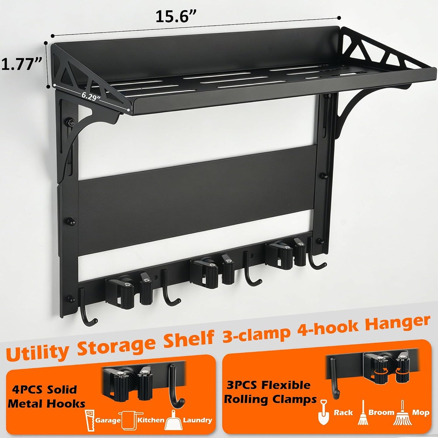 MUTUACTOR Heavy Duty Magnetic Broom Holder,Anti-slip Magnetic Tool Rack with Top Utility Shelf, Easy Assembly Broom Mop Organizer for Refrigerator Metal Cabinet Laundry Room Kitchen,3-Clamps 4-Hooks