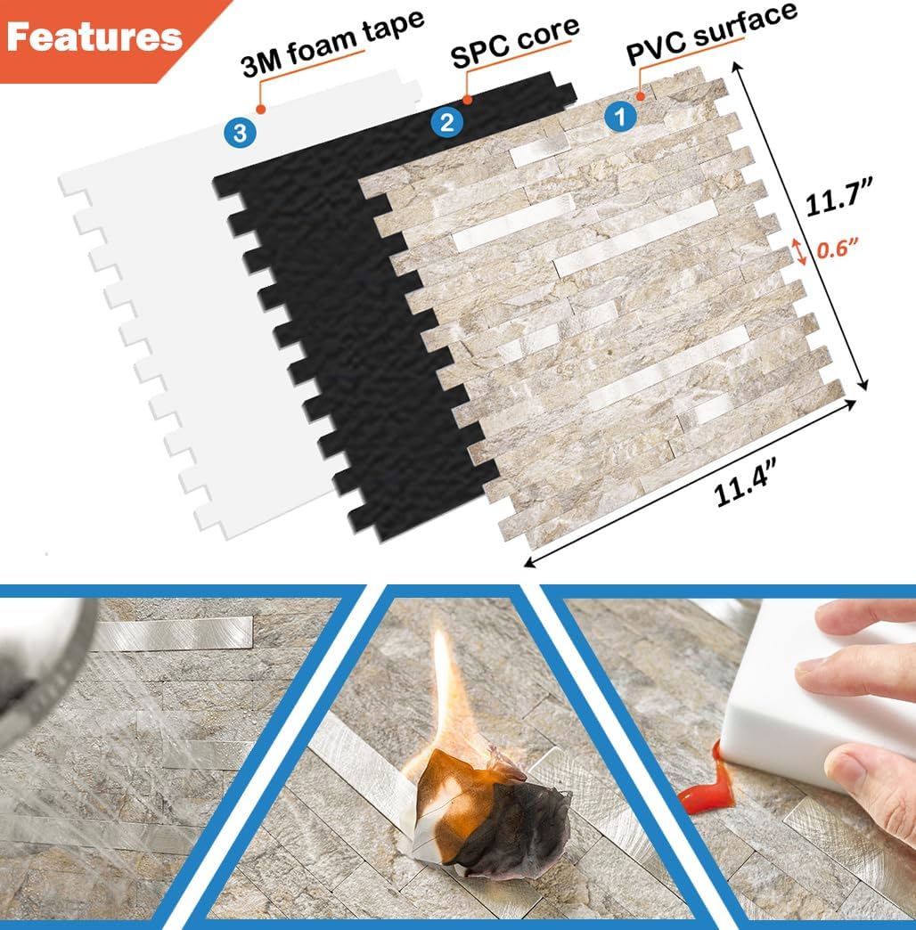 DICOFUN 10-Sheet Peel and Stick Backsplash Wall Tile, PVC Kitchen Backsplash Peel and Stick in Sandstone, 9.4 sq.ft