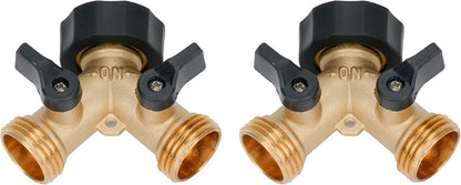 LINEX Garden Hose Splitter 2 Way 2 Pack Heavy Duty Brass, Outdoor Dual Y Valve Water Connector with Faucet and Spigot, Hose Split for Lawn, Garden, Car Wash