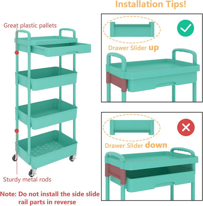 Calmootey 3-Tier Rolling Utility Cart with Drawer,Multifunctional Storage Organizer with Plastic Shelf & Metal Wheels,Storage Cart for Kitchen,Bathroom,Living Room,Office,White