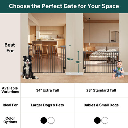 Cumbor 29.2–43" Baby Gate for Stairs, Hardware Mounted (Drill Required), Expandable No Bottom Bar Dog Gate, Auto Close Extra Wide Walk Thru, Pet & Toddler Proof Gate, Top & Bottom of Stairways (White)