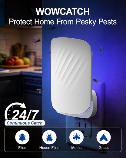 WowCatch Plug-in Flying Insect Trap for Indoors, Fly Trap for Fruit Flies, Gnats & House Flies, UV Light Indoor Bug Catcher for Home, Kitchen, Mess-Free Alternative to Bug Zapper, 1 Device 2 Refills