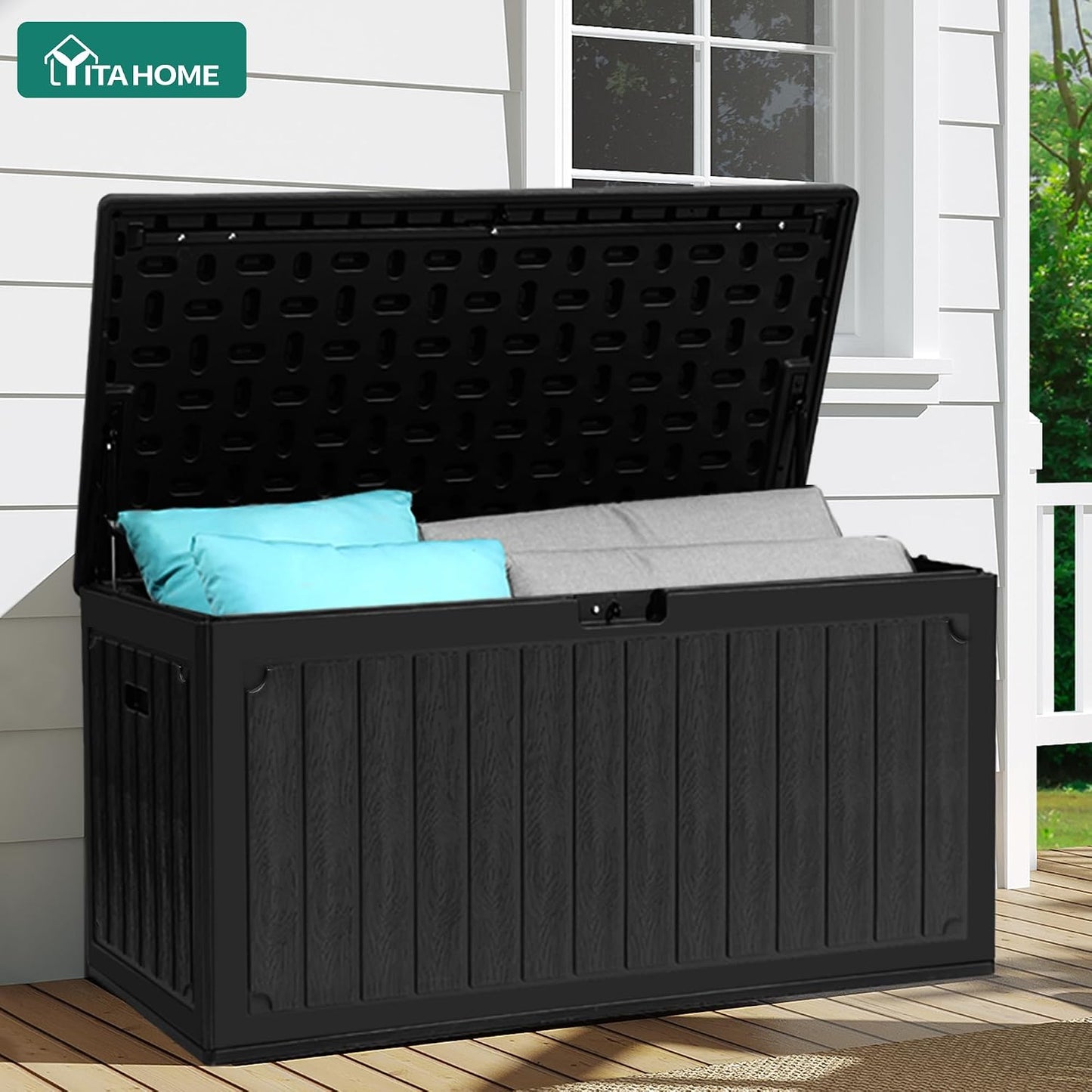 YITAHOME 100 Gallon Large Outdoor Deck Box | Waterproof Resin Storage Box, Lockable Indoor Outdoor Storage Container for Patio Furniture Cushions, Pool Accessories