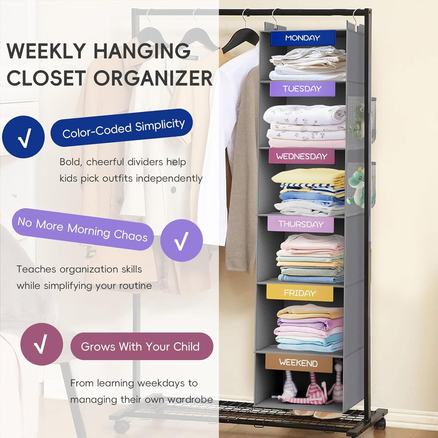 Weekly Hanging Closet Organizer for Kids, 6-Shelf Clothes Storage with Labeled Days of The Week Monday Through Friday, Weekday and Weekend, Days of The Week Clothes Organizer