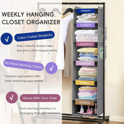 Weekly Hanging Closet Organizer for Kids, 6-Shelf Clothes Storage with Labeled Days of The Week Monday Through Friday, Weekday and Weekend, Days of The Week Clothes Organizer