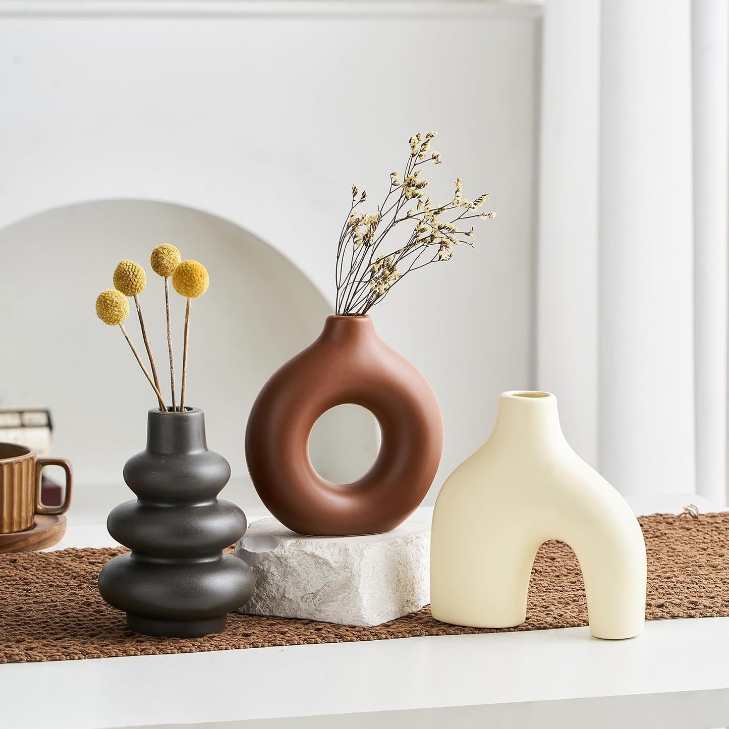 White Ceramic Vase Set of 3, Small Flower Vases for Pampas Grass, Modern Boho Vase for Decor, Round White Vases Centerpieces for Wedding Living Room Bedroom Coffee Table Dinner Table
