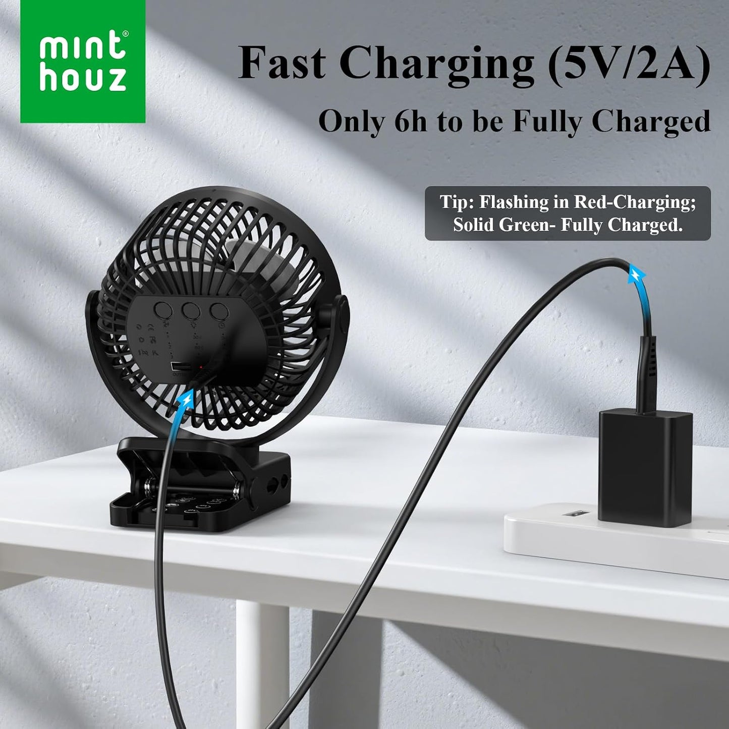 Minthouz Clip on Fan, 12000mAh Desk Fans, 360° Rotation Rechargeable Portable Fan with 45hrs Runtime - Quiet 3 Speeds, Wireless Remote, Timer, Input/Output Ports - Lightweight for Travel & Office