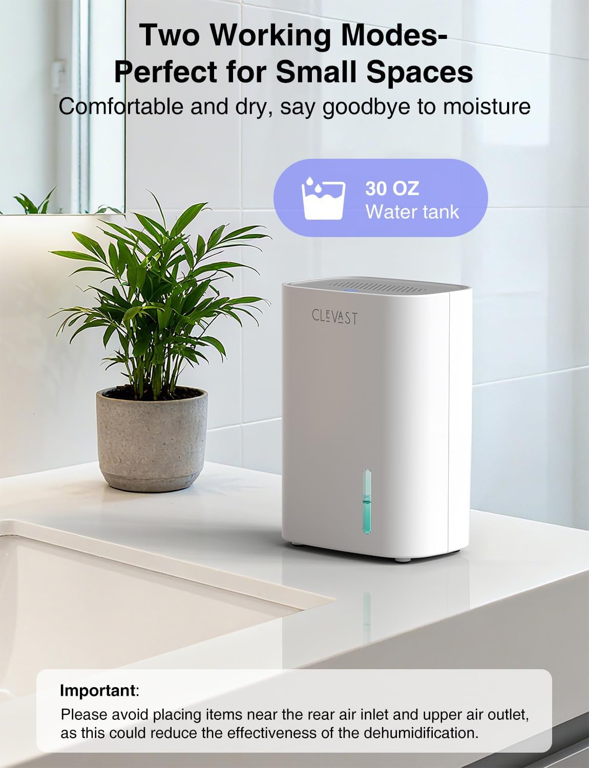 CLEVAST Small Dehumidifier for Home, 30oz Compact Mini Dehumidifier with Auto Shut-Off, Quiet 24dB Portable Air Dehumidifier for Bathroom, Bedroom, Closet, RV