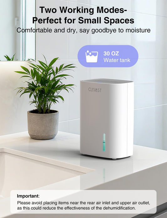 CLEVAST Small Dehumidifier for Home, 30oz Compact Mini Dehumidifier with Auto Shut-Off, Quiet 24dB Portable Air Dehumidifier for Bathroom, Bedroom, Closet, RV
