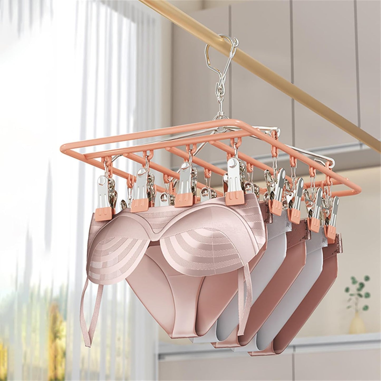 Stainless Steel Clothes Sock Drying Rack With 28 Clips, Swivel Hook Windproof Clothes Hanger Rack For Sock, Bras, Towel, Underwear, Hat, Scarf, Gloves, Pants Laundry Clothes Square28clamps pink