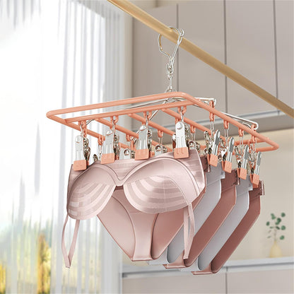 Stainless Steel Clothes Sock Drying Rack With 28 Clips, Swivel Hook Windproof Clothes Hanger Rack For Sock, Bras, Towel, Underwear, Hat, Scarf, Gloves, Pants Laundry Clothes Square28clamps pink