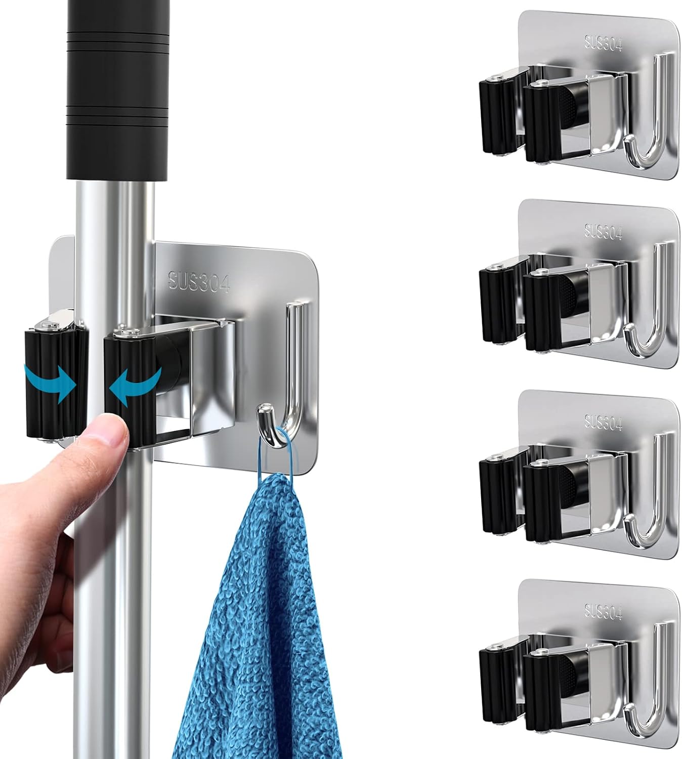 homeasy Mop Broom Holder No Drill, Mop Broom Organizer Wall Mounted Heavy Duty with Hooks Hanger, Self Adhesive Stainless Steel 4Pcs for Bathroom, Kitchen, Office (Silver)