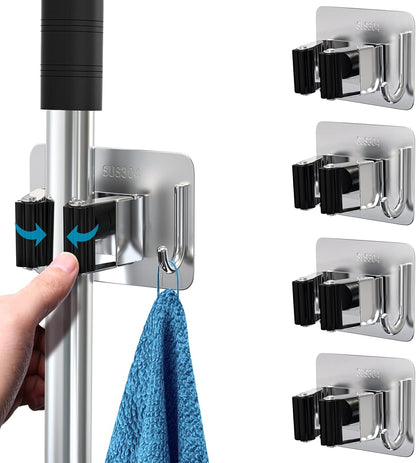 homeasy Mop Broom Holder No Drill, Mop Broom Organizer Wall Mounted Heavy Duty with Hooks Hanger, Self Adhesive Stainless Steel 4Pcs for Bathroom, Kitchen, Office (Silver)