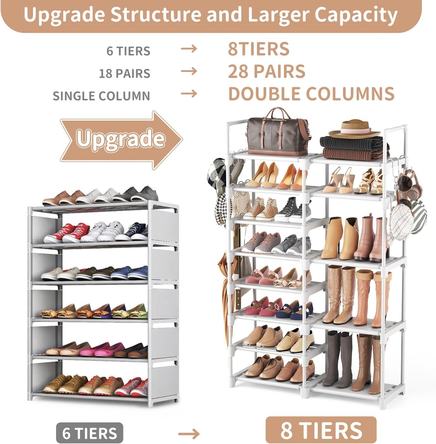 ROJASOP Shoe Rack Organizer, 8-Tier Metal Shoe Rack for Closet Entryway Garage, 26-32 Pairs Tall Shoe Boot Storage Shelf with 15 Hooks, Stackable Large Shoe Stand