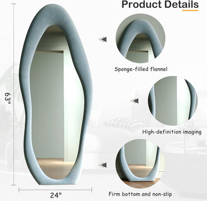 Honyee Full Length Mirror, 63" x 24" Wall Mirror, Flannel Wrapped Wooden Frame Floor Mirror, Irregular Wavy Mirror Hanging or Leaning Against Wall for Cloakroom/Bedroom/Living Room, Milk Tea