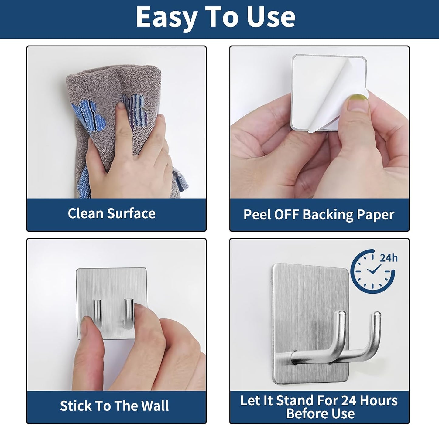 Hawsam 6 Pack Self Adhesive Wall Hooks for Hanging Heavy Duty 44LB(Max) Adhesive Towel Hooks 304 Stainless Steel Sticky Hooks for Robe Coat, Waterproof Shower Hooks for Bathroom Kitchen