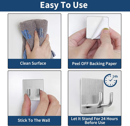 Hawsam 6 Pack Self Adhesive Wall Hooks for Hanging Heavy Duty 44LB(Max) Adhesive Towel Hooks 304 Stainless Steel Sticky Hooks for Robe Coat, Waterproof Shower Hooks for Bathroom Kitchen