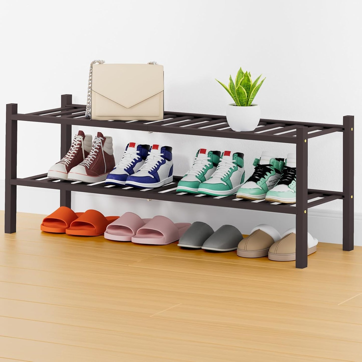 Smiry Bamboo Shoe Rack, 3 Tier Free Standing Wooden Shoe Organizer, Stackable Wood Shoe Storage Shelf for Closet, Entryway, 12 Vertical Slats, 2+1 Stack Standard Legs, 26.8"x11"x19.5", Natural