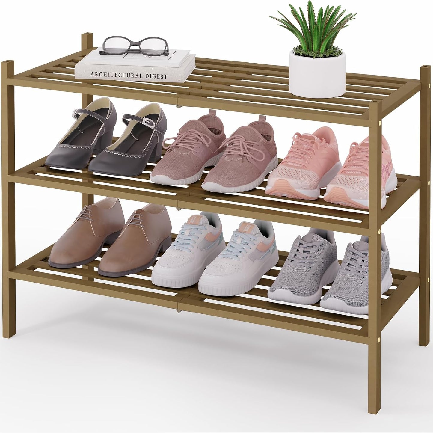 Smiry Bamboo Shoe Rack, 3 Tier Free Standing Wooden Shoe Organizer, Stackable Wood Shoe Storage Shelf for Closet, Entryway, 5 Horizontal Slats, 26.8"x11"x18.3", Natural