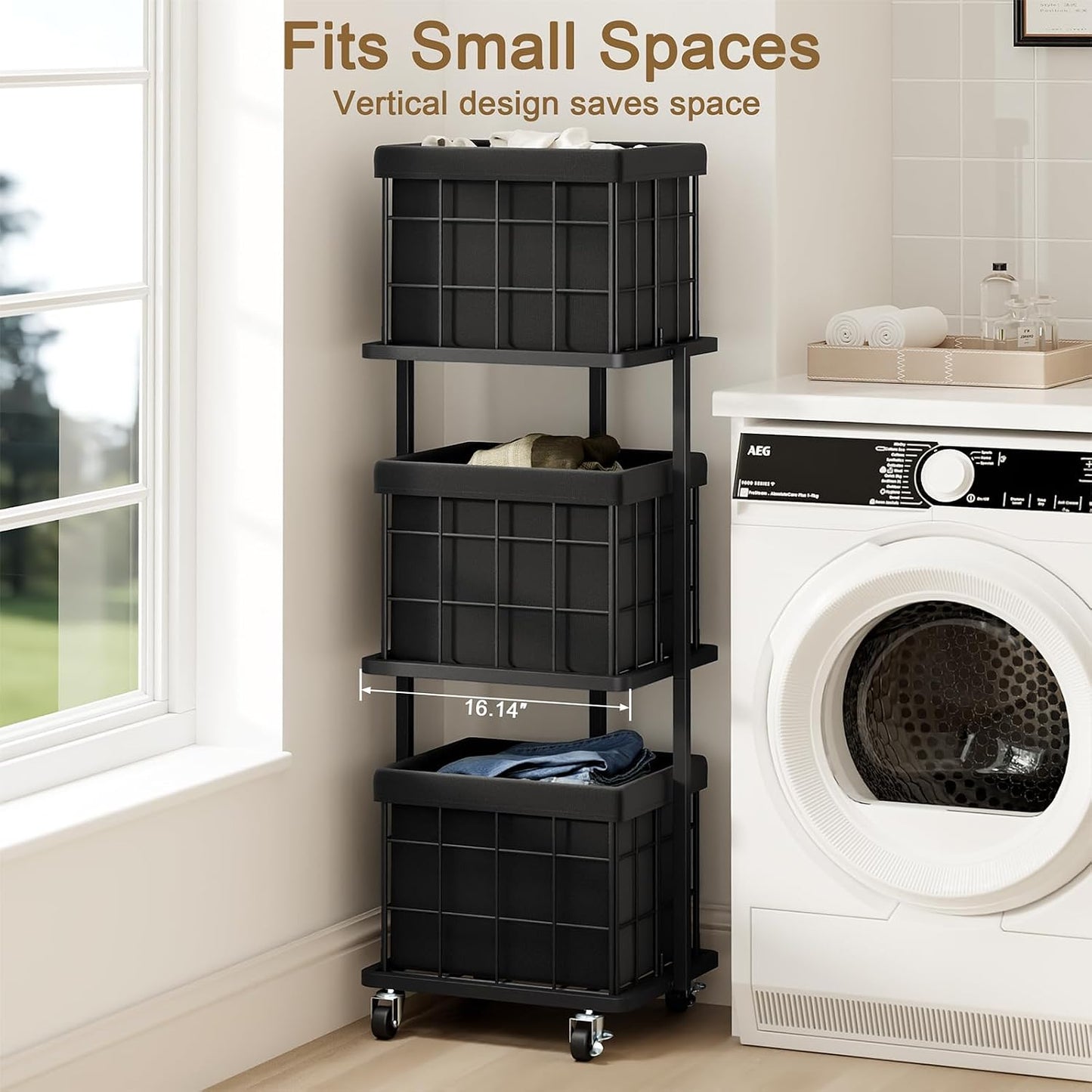 120L Vertical Rolling Laundry Hamper with Removable Bags, 3 Section Laundry Basket with Wheels, Slim Tall 3 Tier Laundry Sorter for Small Spaces, Dorm, Laundry Room, Bathroom, Closet, White