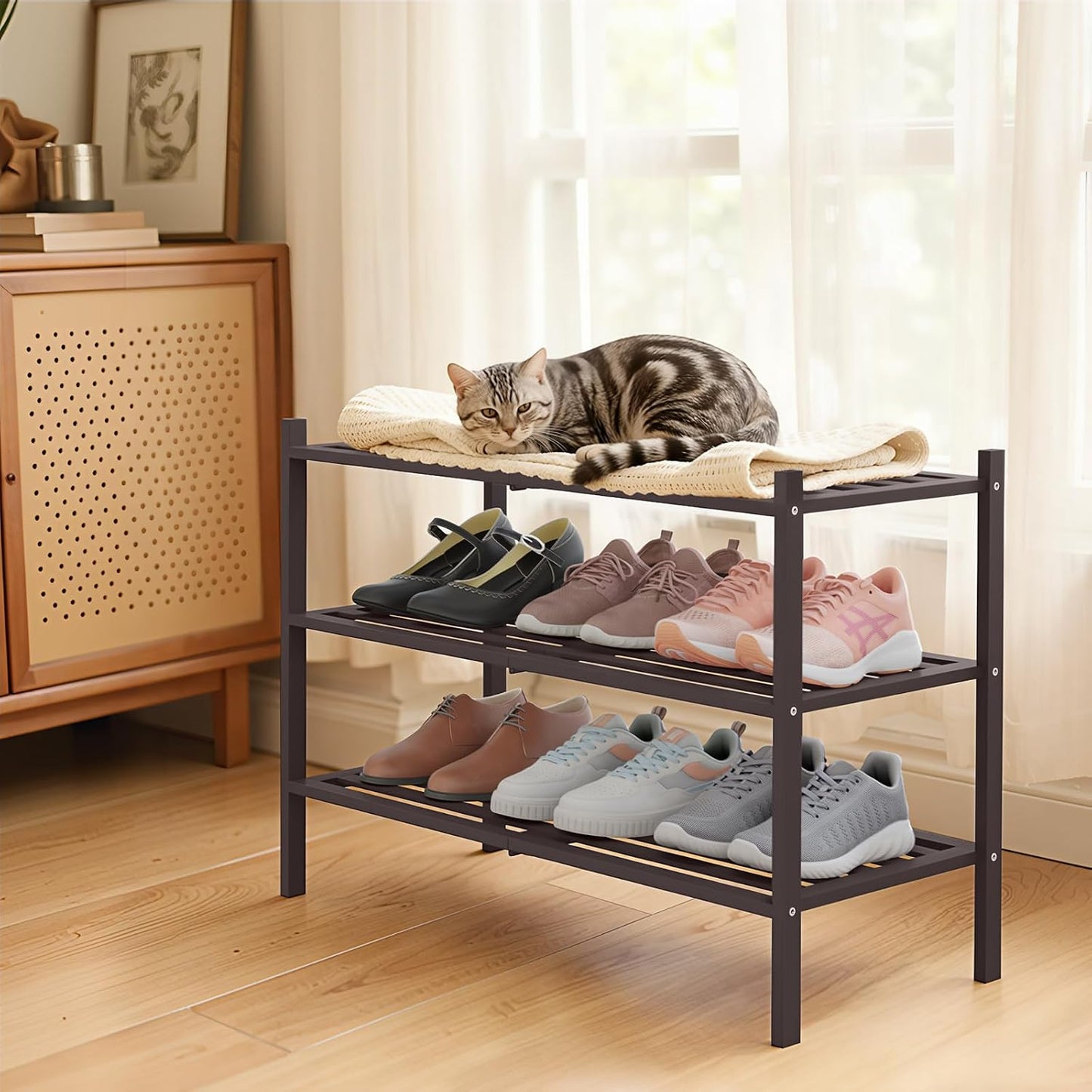 Smiry Bamboo Shoe Rack, 3 Tier Free Standing Wooden Shoe Organizer, Stackable Wood Shoe Storage Shelf for Closet, Entryway, 5 Horizontal Slats, 26.8"x11"x18.3", Natural