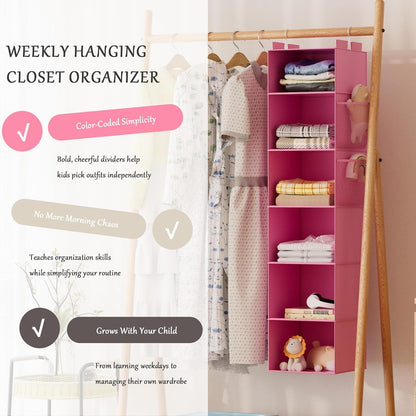 Weekly Hanging Closet Organizer for Kids, 6-Shelf Clothes Storage with Labeled Days of The Week Monday Through Friday, Weekday and Weekend, Days of The Week Clothes Organizer