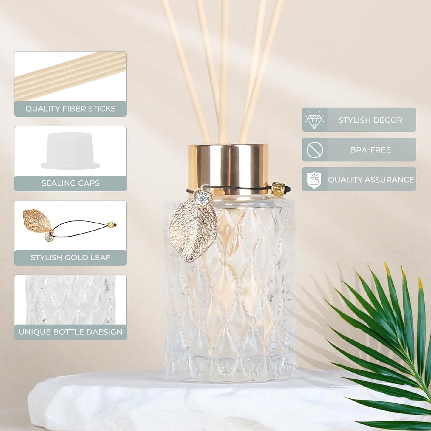 4-Piece Reed Diffuser Set with Metal Golden Decoration, 3.5-4.2oz Empty Bottles and 20 Reed Sticks, Unique Design for Home and Office (4 Different Bottles)