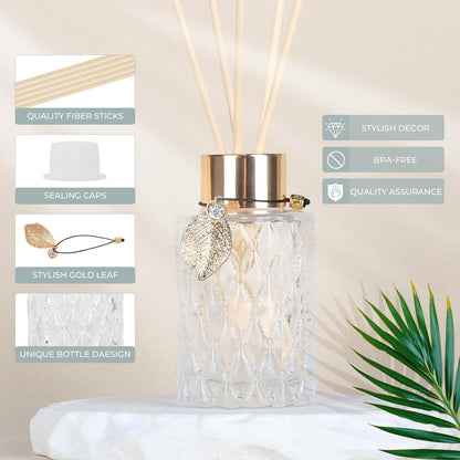 4-Piece Reed Diffuser Set with Metal Golden Decoration, 3.5-4.2oz Empty Bottles and 20 Reed Sticks, Unique Design for Home and Office (4 Different Bottles)