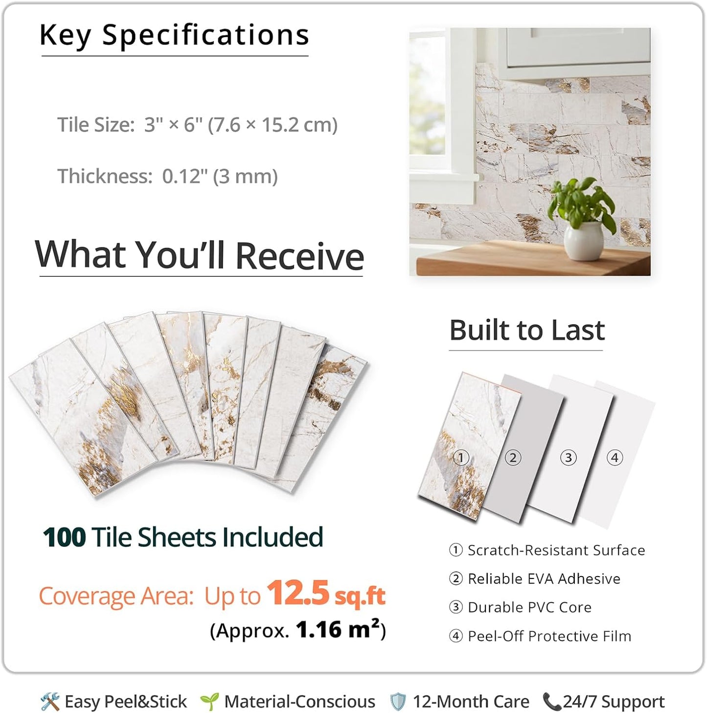 StyloVue 100 Pieces Peel and Stick Backsplash for Kitchen, 3" x 6" PVC Subway Tile, Glossy White with Dark Gray Grout, Self Adhesive Stick on Wall Tiles for Kitchen, Bathroom, Fireplace, RV