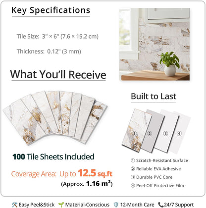 StyloVue 100 Pieces Peel and Stick Backsplash for Kitchen, 3" x 6" PVC Subway Tile, Glossy White with Dark Gray Grout, Self Adhesive Stick on Wall Tiles for Kitchen, Bathroom, Fireplace, RV