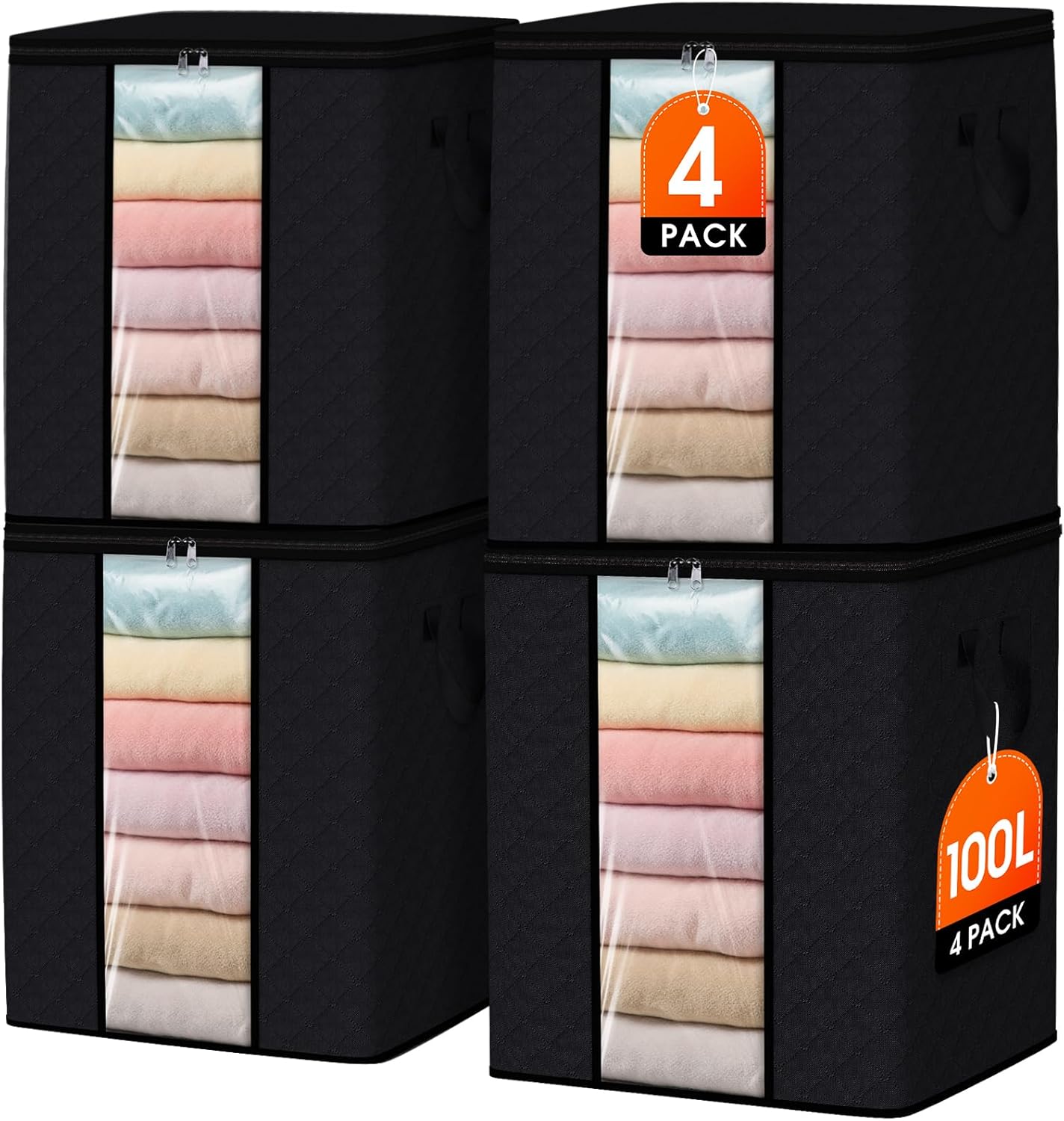 SpaceWhisper 3 Pack 100L Clothes Storage, Foldable Thick Fabric Blanket Storage Bags, Containers for Organizing Bedroom, Closet, Clothing, Comforter,Closet Organization with Handle,Grey