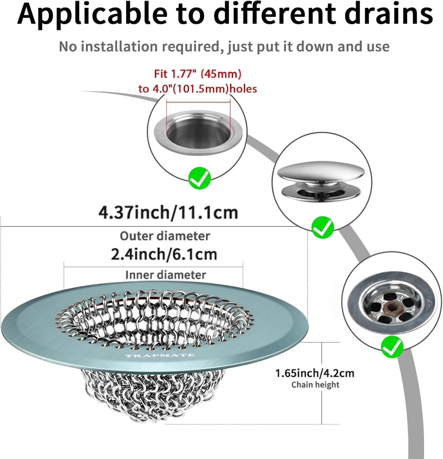 TRAPMATE Shower Drain Hair Catcher, 4.4" Easy Clean Bathtub Drain Hair Catcher, Anti-Slip Bath Tub Drain Protector, Upgraded 304 Stainless Steel Shower Sink Drain Cover for Bathroom (Patented Product)