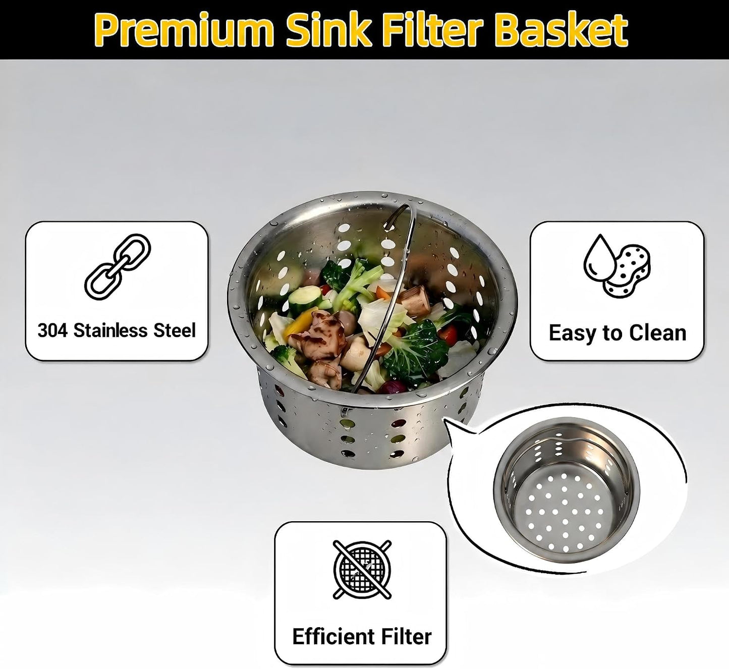 Kitchen Sink Drain Assembly Kit, 3-1/2 Inch Brushed 304 Stainless Steel Basket Strainer with Deep Removable Basket, Stopper & Cover Lid, Fits Standard Kitchen Sinks