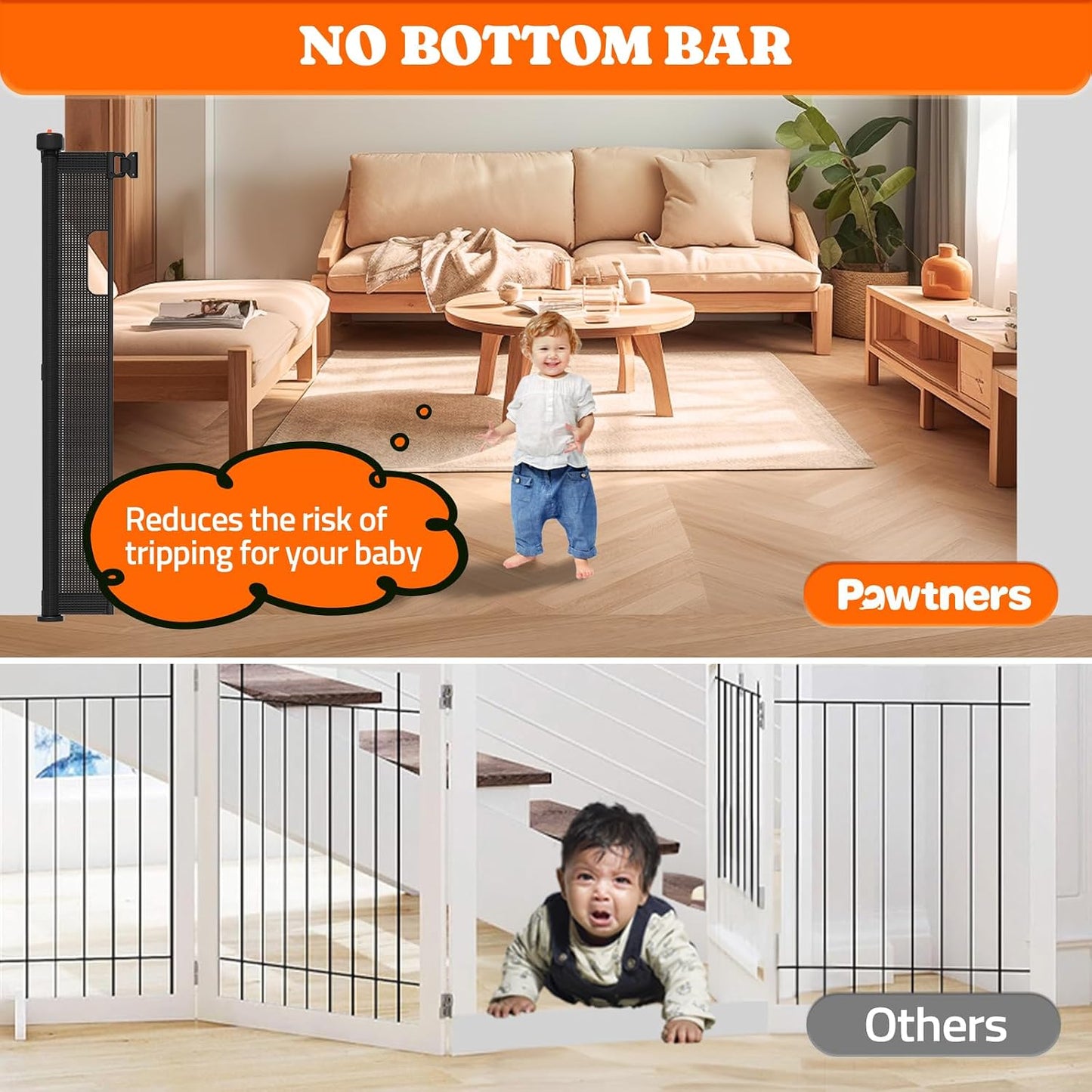 Pawtners Retractable Baby Gates Extra Wide, 41" Tall Extends up to 71" Wide, Dog Gate Indoor for Stairs, Pet Gate with Support Rods for Doorways Hallways Indoor & Outdoor-Black